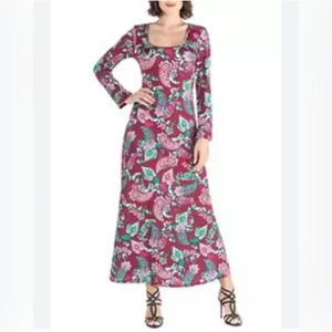 24/7 XL Floral Paisley Burgundy Maxi Dress Long Sleeve Office Church Party